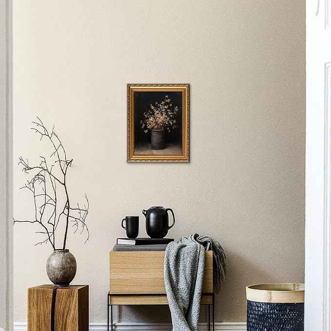 uniro Vintage Gold Framed Wall Art for Home Decor, Moody Floral Canvas Art Prints Painting for Fall Wall Decor, Retro Fall Dried Flowers Vase Wall Painting, Rustic Botonical Still Life Autumn Frame Art for Bedroom, Gallary, Living Room, Office- 11x14Inch