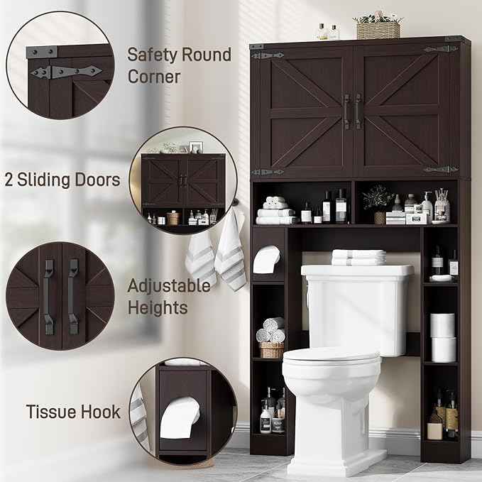 Vabches Over The Toilet Storage Cabinet, Farmhouse Storage Cabinet Over Toilet with 2 Barn Doors ，Toilet Paper Holder Stand，Home Space-Saving Toilet Rack, for Laundry, Restroom, Bathroom(Walnut)