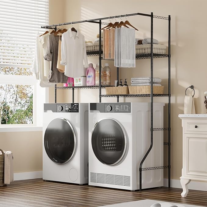 Over Washer and Dryer Storage Shelves, Adjustable Height 4-Tier Clothes Drying Rack with Hanger Rod & Hook, Heavy Duty Laundry Room Storage Organization, Space Saving, Black