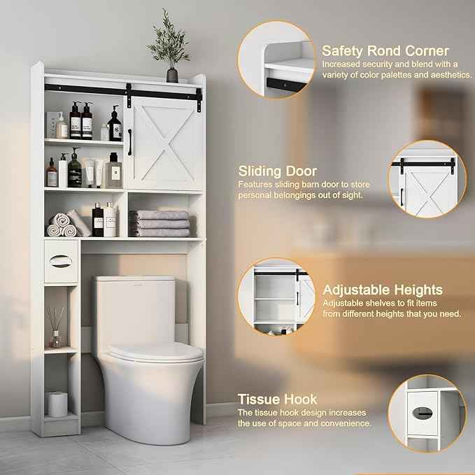 Vabches Over The Toilet Storage Cabinet, Farmhouse Storage Cabinet Over Toilet with Sliding Barn Door & Toilet Paper Holder Stand，Home Space-Saving Toilet Rack, for Bathroom, Restroom, Laundry