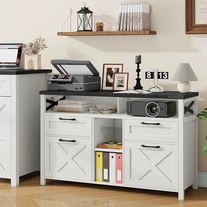Lateral File Cabinets 4 Drawers with Open Storage Shelf, Farmhouse Filing Cabinet with Adjustable Shelf for Home Office, Filing Organization Storage Cabinets for Hanging Files Letter/A4. Black