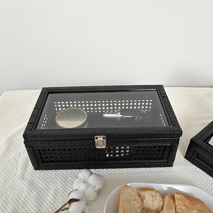 Cane and Rattan Decorative Storage Boxes with Lids - Elegant Set of 2, Stacking Boxes with Glass Top, Handcrafted Rustic Charm for Home Organization (Black, 14.1"x8.2"x5.1")
