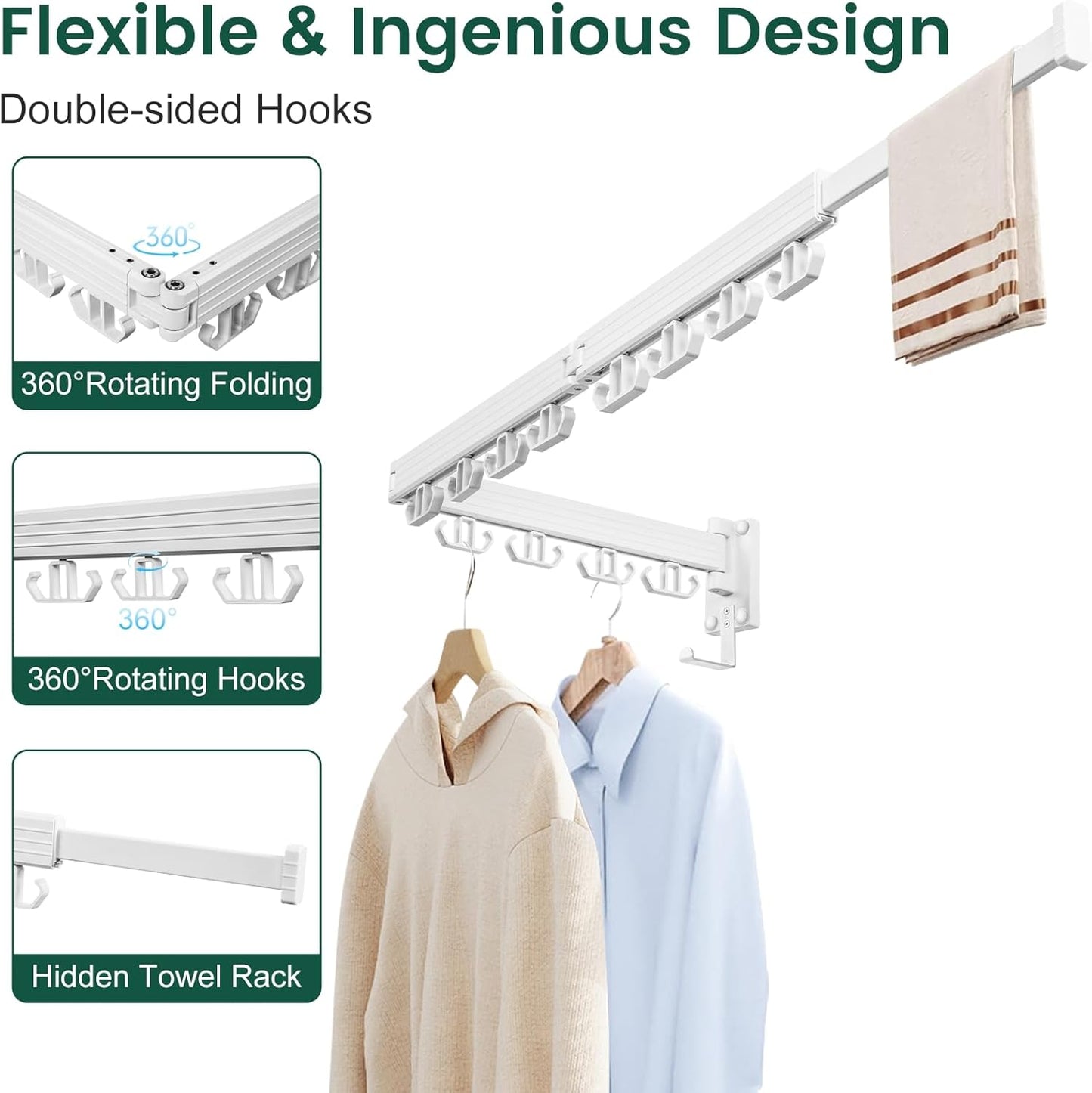 Wall Mounted Clothes Drying Rack, Laundry Drying Rack Wall Mount, 3-Fold Drying Rack Clothing, Foldable Clothes Drying Rack with 12 Dual Hooks Organization for Laundry Room Indoor - White - Décor Diaries