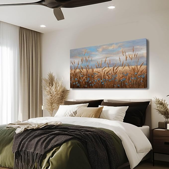 GAIDUOMAI Flowers Wall Art Gold Cornfield Artwork Blue Sky Landscape Wall Decor Vintage Posters for Room Decor 24"x48" Wall Prints for Office Home Bedroom