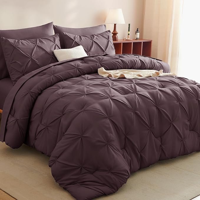 CozyLux Queen Comforter Set Cocoa Powder, 7 Pieces Pintuck Bed in A Bag, Premium Cocoa Powder Comforter Queen Size, Pinch Pleat Bedding Sets with Comforter, Sheets, Pillowcases & Shams