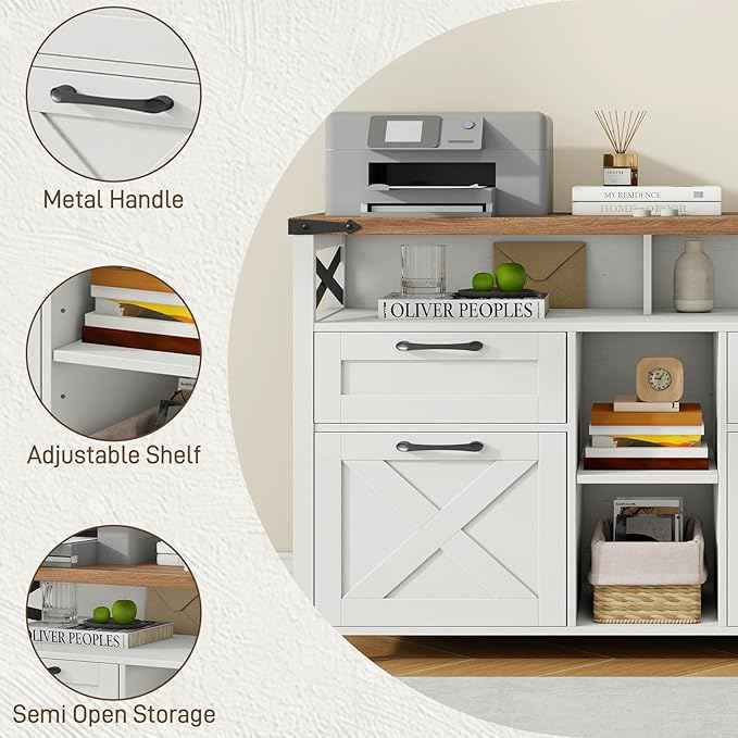 Vabches Farmhouse Filing Cabinet with Adjustable Shelf for Home Office, Lateral File Cabinets 4 Drawers with Open Storage Shelf, Filing Organization Storage Cabinets for Hanging Files Letter/A4