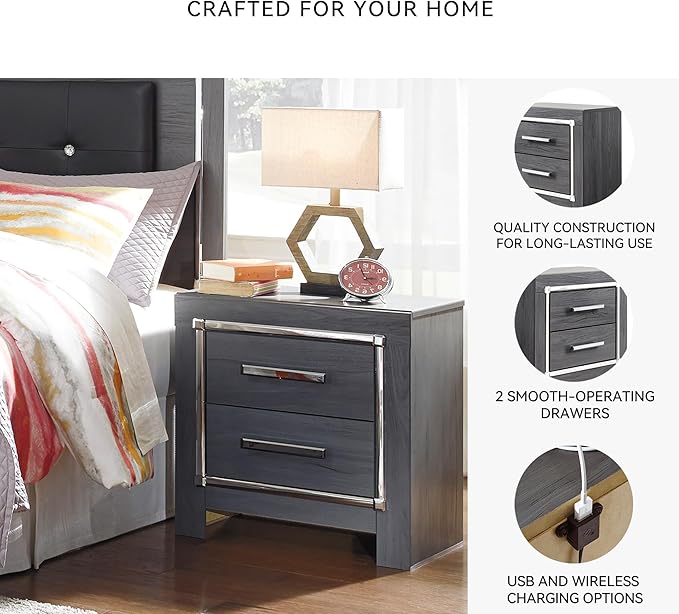 Signature Design by Ashley Lodanna Modern Glam 2 Drawer Nightstand with USB & Wireless Charging Options, 24.41" Tall, Gray Wood Grain