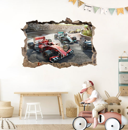Large 3D Racing Car Wall Stickers (34.4”x 23”), Vehicles Roads Vinyl Wall Decals, Removable Racing Car Break Through Wall Art for Boys Bedroom Playroom Decor