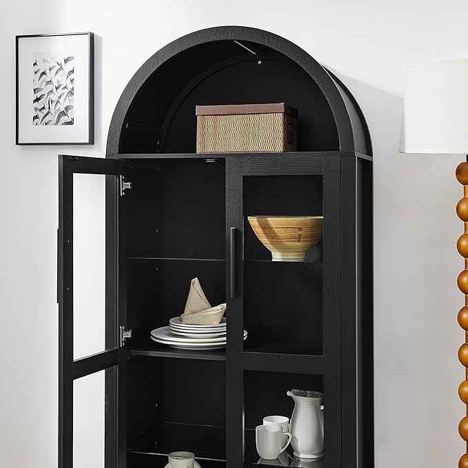 Arched Storage Cabinet with Doors, Display Cabinet with LED Light, 5-Tier Display Cases for Collectibles, Curio Cabinet with Ajustable Shelf for Living Room, Black