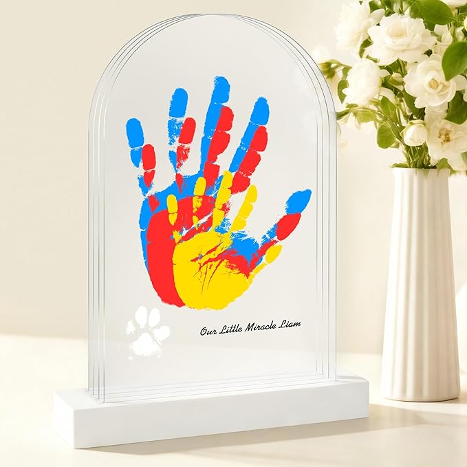 Family Handprint Kit, DIY Baby Hand and Footprint Handmade Keepsake Kit, Family Gifts with 5 Non-Toxic Baby-Safe Paint, Ideas Gift for New Parents, Father's Day, Mother's Day (4 Pages Acrylic Boards)