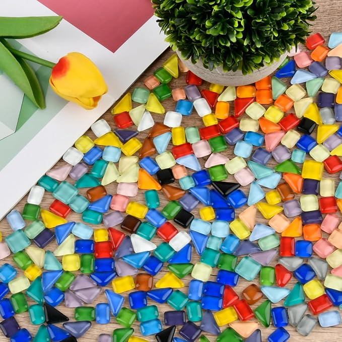 BUYGOO 500g Glass Mosaic Tiles for Crafts Assorted Colors Crystal Bulk Mosaic Glass with Different Shapes, Square, Triangle, Rectangle Stained for Garden Crafts, DIY Art Decor, Stepping Stone