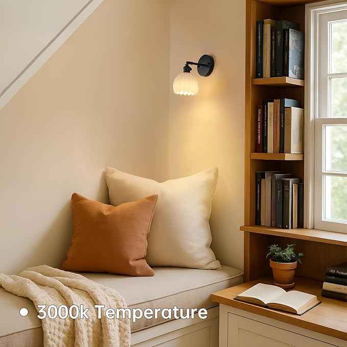 Vintage Battery Operated Wall Sconce with White Tulip Glass Lampshade Rechargeable Battery Powered Black Wall Light with Remote Control for Bedside Bedroom Doorway, Set of 2