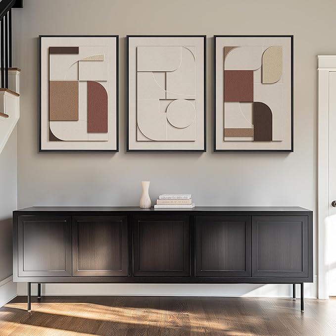 Large 3D Textured Framed Neutral Wall Art for Living Room, Brown Tan Beige Geometric Texture Artwork for Walls, 3 Piece Modern Minimalist Sandstone Art Painting for Hallway Office Wall Decor, 20x30 In