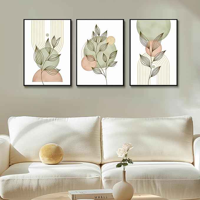 3Pcs Sage Green Boho Canvas Wall Art Modern PinkBotanical Posters Print Abstract With Leafr Pictures Wall Decoration For Living Room Bedroom Bathroom UnFramed