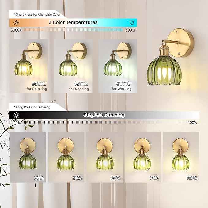 Battery Operated Vintage Wall Sconces with Green Tulip Glass Lampshade Battery Powered Wall Lighting for Bedside Bedroom Doorway, Set of 2