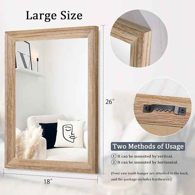 AAZZKANG Rustic Mirrors for Wall Rectangle Wooden Frame Hanging Mirror for Bedroom Bathroom Living Room Entryway Large 26"x18"