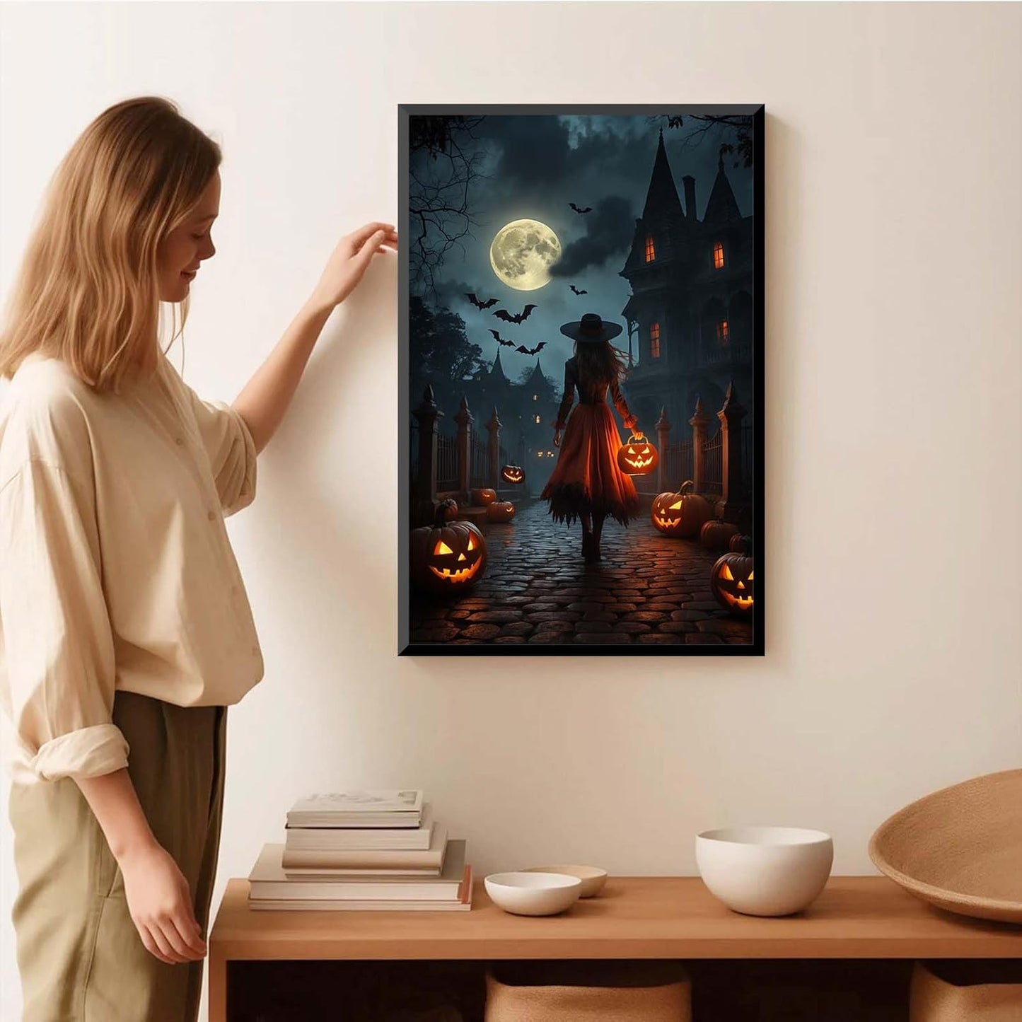 JFHCQJPK Halloween theme poster moonlit autumn night witch vintage poster art print dark college style gothic painting canvas wall decoration bedroom living room ideal gift16x24in Metal blackFramed