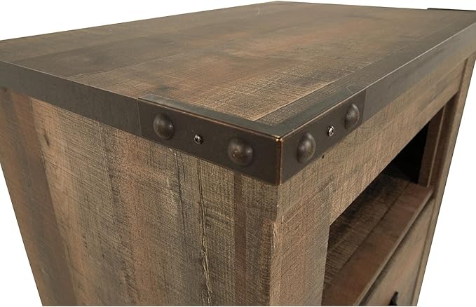 Signature Design by Ashley Trinell Rustic 1 Drawer Nightstand, USB Charing, Storage Cubby, Nailhead Accents, Wood, 24.72" W x 16.18" D x 26.22" H, Warm Brown