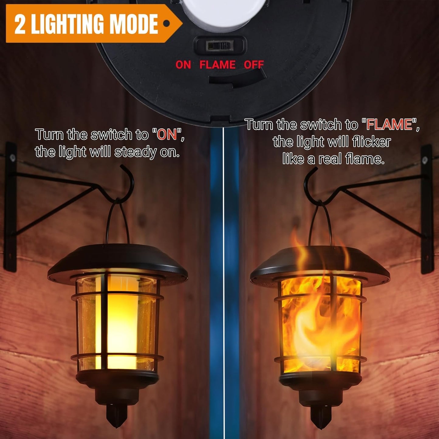 Dynaming 4 Pack Solar Flame Wall Lanterns Outdoor, Solar Powered Wall Mounted Sconce Lights, Flickering Flame LED Light Auto On/Off Hanging Lights, Waterproof for Garage Stair Patio Porch Yard