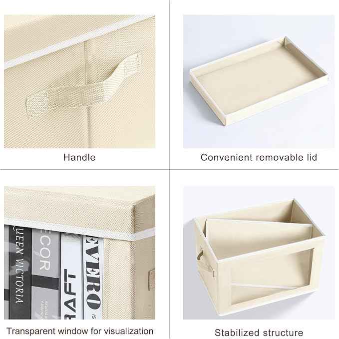 Storage Bins with Lids - Fabric Closet Storage Bins with Window, Collapsible Baskets for Shelves, Home Decorative Boxes for Clothes, Closet, Office, Beige