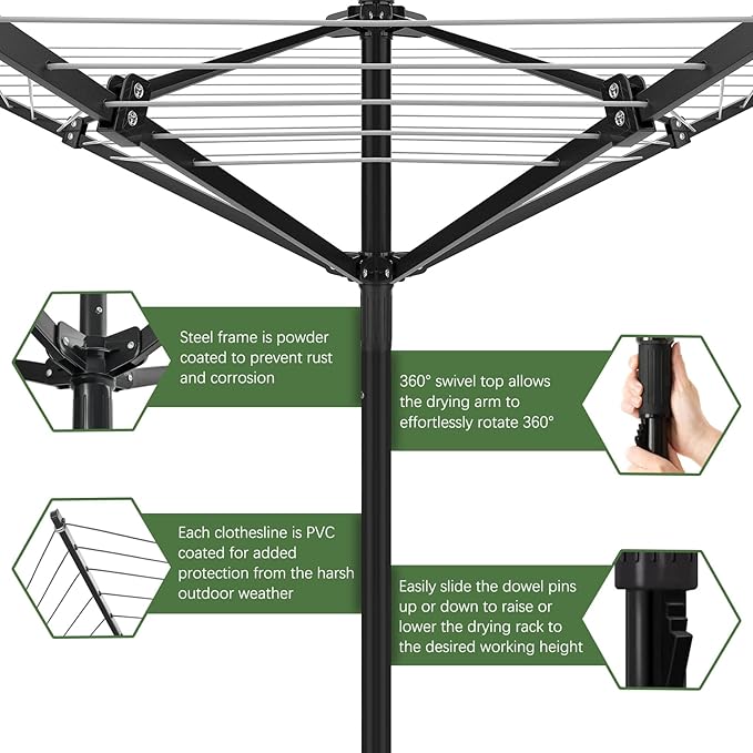 Outdoor Umbrella Drying Rack,Rotary Retractable Clothes Line,Outdoors Adjustable Height Drying Rack Clothing 12 Lines 4 Arms with 165 Feet Drying Space,Collapsible Clothes Drying Rack for Backyard
