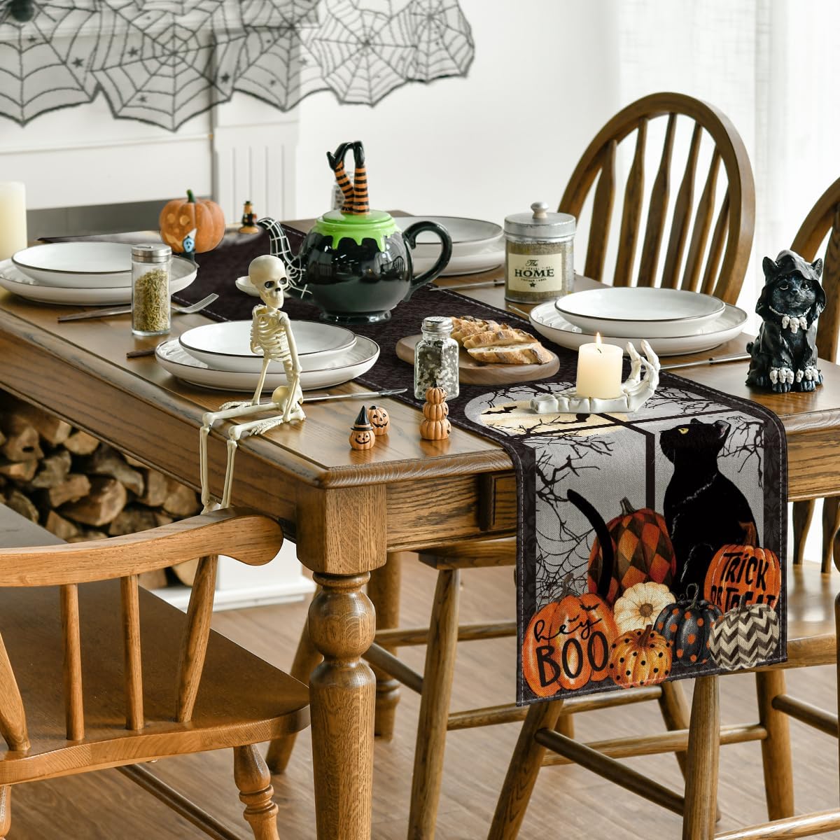 Artoid Mode Black Cat Pumpkins Boo Halloween Table Runner, Trick Or Treat Seasonal Kitchen Dining Table Decoration for Home Party Decor 13x60 Inch