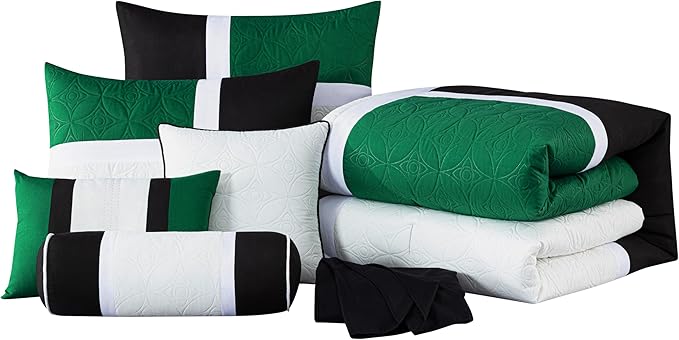 Chezmoi Collection Upland 7-Piece Quilted Patchwork Comforter Set, Green/Black/Cream White, King