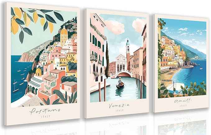 Cyebmo Framed Italy Travel Wall Art, Amalfi Coast Landscape Wall Decor, Blue Venice Coast Wrapped Canvas Artwork, Italian Modern City Aesthetic Picture for Living Room Bedroom Bathroom 16"x24"