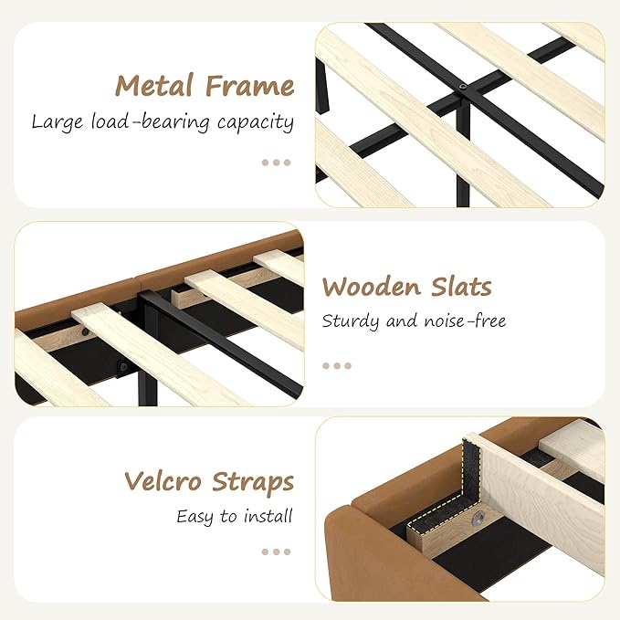 VECELO Twin Size Bed Frame, Bear-Shaped Adjustable Headboard with LED Lights & Storage, Upholstered Platform with Strong Wooden Slats Support, No Box Spring Needed, Brown