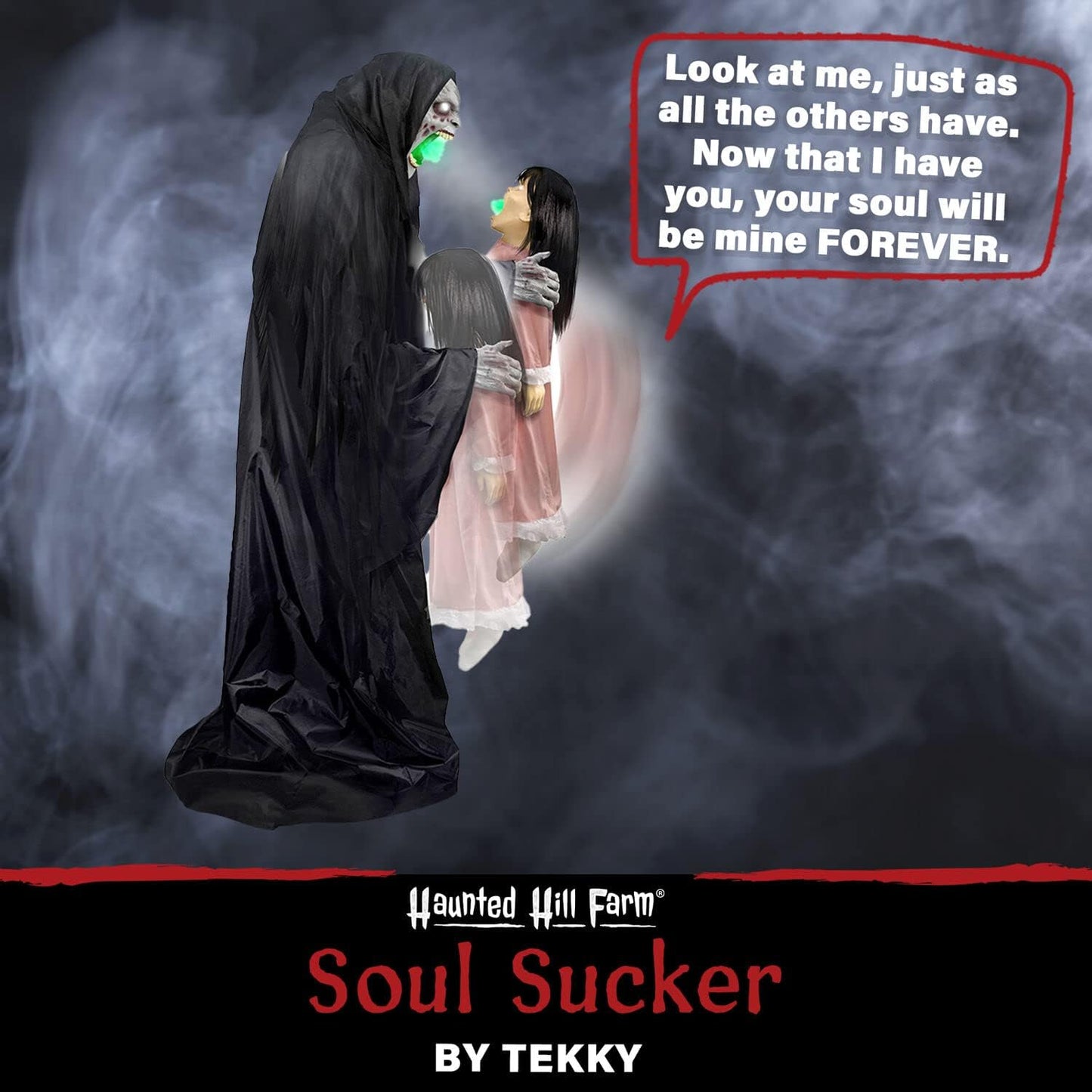 Haunted Hill Farm Soul Sucker Demon Reaper with Child by Tekky, Motion-Activated Talking Halloween Animatronic for Creepy Indoor or Covered Outdoor Halloween Decorations, Plug-in or Battery Operated