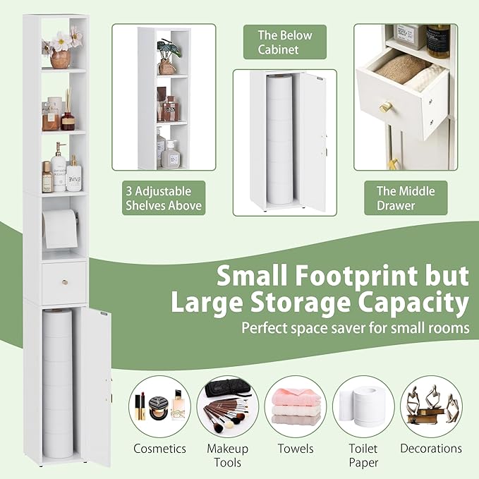 VECELO Tall Narrow Storage Cabinet with 3 Adjustable Shelves, Slim Freestanding Bathroom Cabinet with Toilet Paper Holder, Magnetic Door & Drawer, for Small Spaces, 7.9" D x 7.9" W x 67" H, White