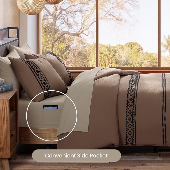 MaiRêve Oversized Queen Comforter Set Brown, Embroidery Western Bedding Set Boho 7 Pieces, Farmhouse All-Season Bed in A Bag with Sheets, Pillowcases & Shams