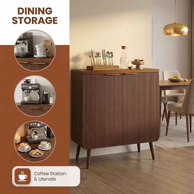 29.5" Modern Fluted Sideboard Cabinet with 2 Doors, Wood Storage Credenza with Shelves, Multi-Purpose Buffet Cabinet for Entryway, Dining & Living Room, Walnut