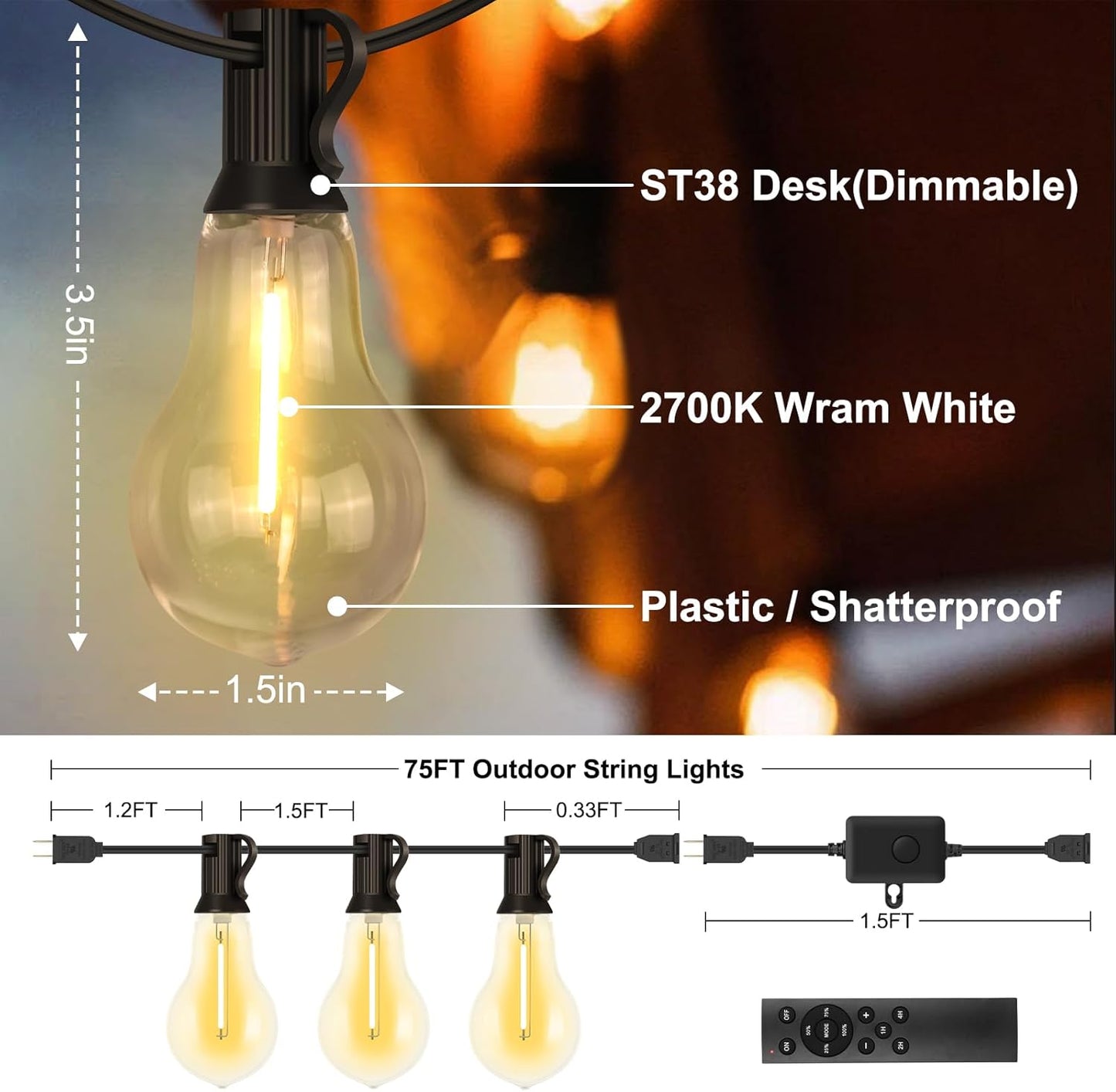 75FT Outdoor String Lights Waterproof with 50+4 Bulbs (1.5FT Bulbs Spacing), Remote & Dimmer, Commercial Patio String Lights with 3 Mode Light & Timing, 100PC Mounting Ties for Outside