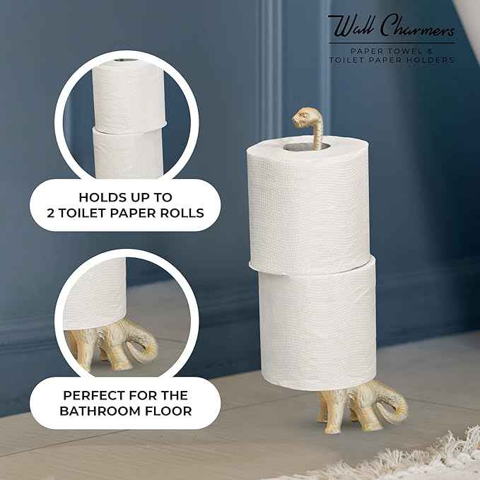 WallCharmers Gold Paper Towel Holder, Metal Toilet or Kitchen Paper Holder for Floor or Countertop, Gold Dino