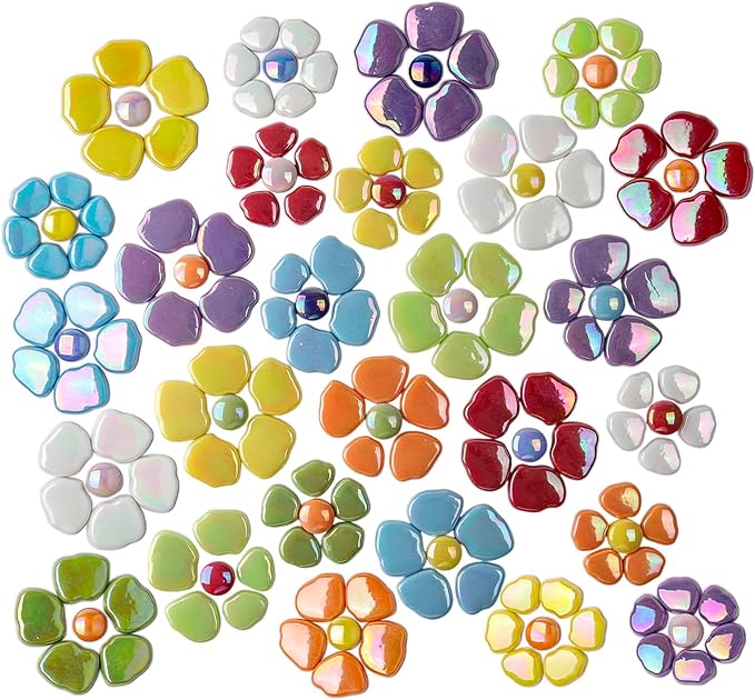 Youway Style Flower Mosaic Tiles for Crafts Bulk,1LB Iridescent Mosaic Tiles Supplies, Petal Mosaic Pieces for Garden Decoration,DIY Glass Mosaic Crafts