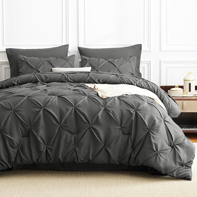 CozyLux Twin XL Comforter Set Dark Grey, 5 Pieces Twin Extra Long Pintuck Bed in A Bag for College Dorm, Pinch Pleat Bedding Set with Comforter, Sheets, Pillowcase & Sham