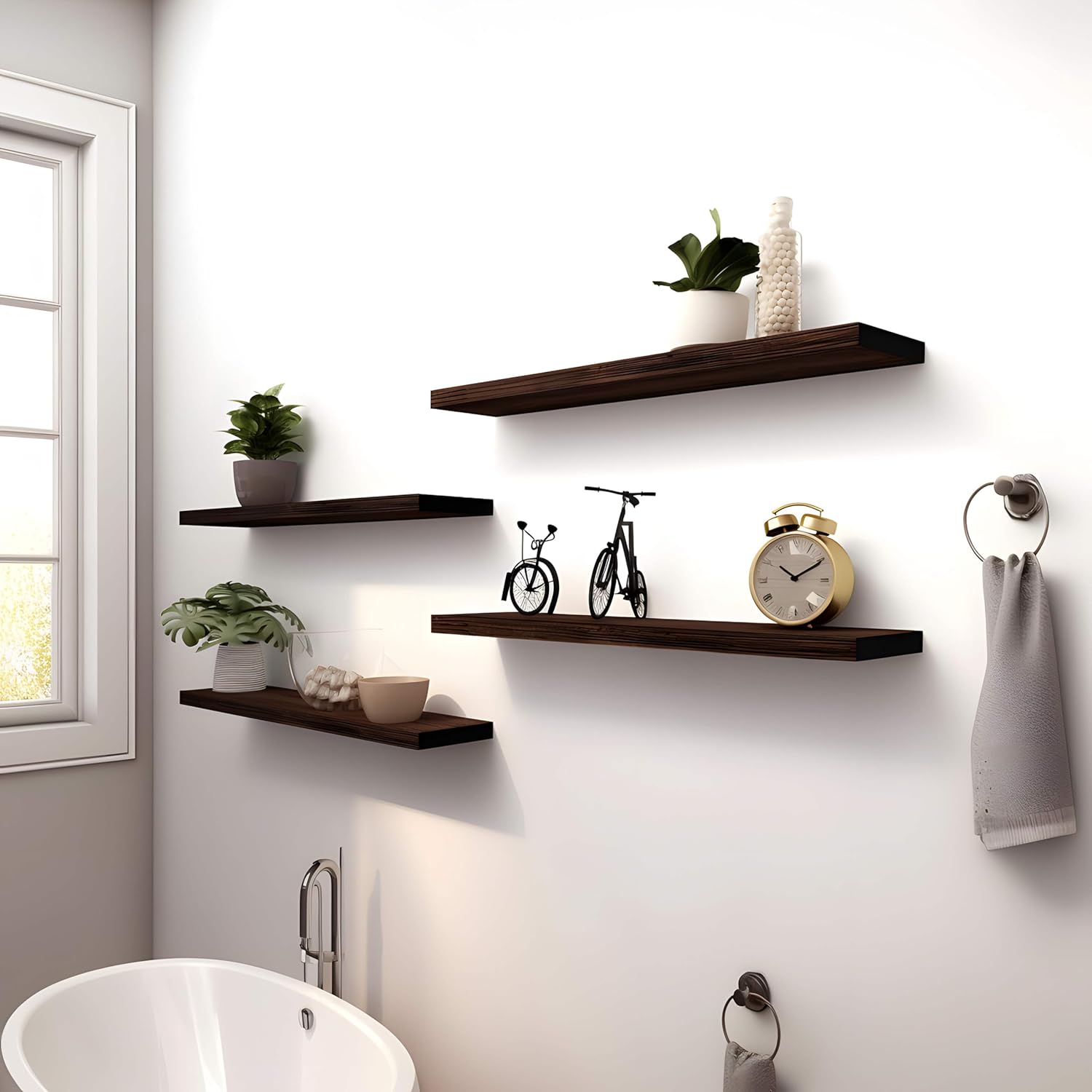 Wood Floating Shelves for Wall Decor, Rustic Wall Shelves for Bedroom Bathroom Kitchen Living Room, Set of 4 Walnut 24 Inch - Décor Diaries