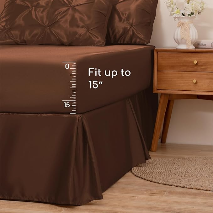 MR&HM Satin Comforter King 7 Pieces - Luxurious Pinch Pleat Bedding Set with Comforter, Flat Sheet, Fitted Sheet, Pillowcases & Shams, Super Silky Soft Bed Set for All Season (King, Brown)