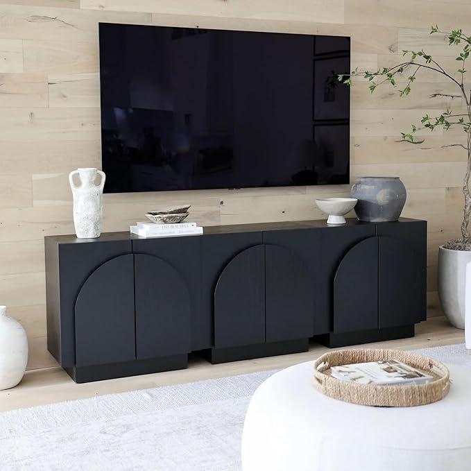 Nathan James Iris Mid-Century Modern Credenza, Black TV Stand, Living Room Wood Storage Cabinet with Arched Cabinet Doors, Black Credenza Cabinet for Kitchen or Living Room, Black Oak, Set of 2