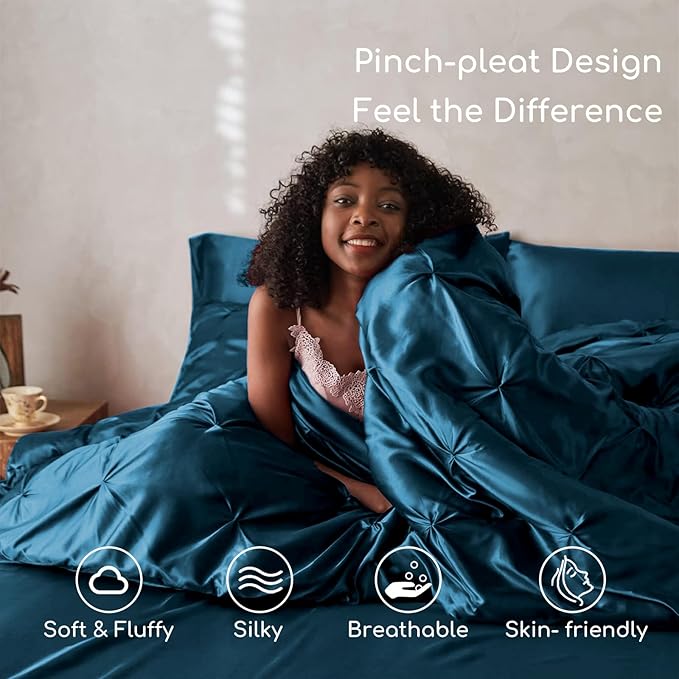 MR&HM Satin Comforter California King 7 Pieces Teal - Luxurious Pinch Pleat Bedding Set with Comforter, Flat Sheet, Fitted Sheet, Pillowcases & Shams, Super Silky Soft Bed Set for All Season