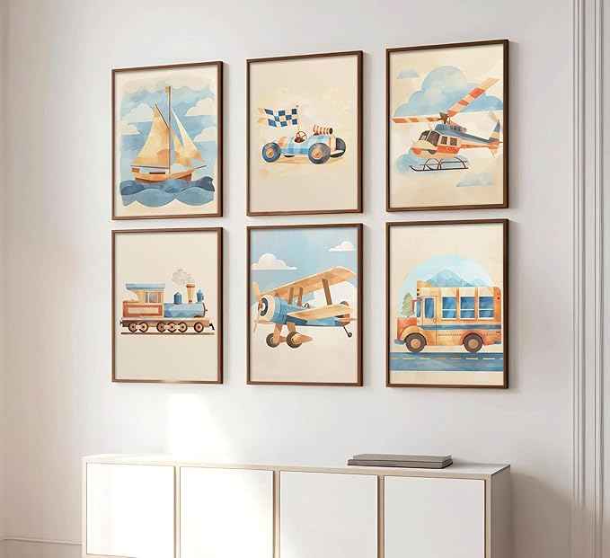 6Pcs Vintage Car Nursery Canvas Wall Art Watercolor Nursery Vehicle Airplane Ship Train Prints Pictures Blue Yellow Transportation Vehicle Painting Wall Decor for Children Room Home Unframed