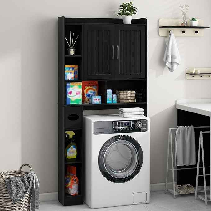 Vabches Over The Toilet Storage Cabinet, Farmhouse Storage Cabinet Over Toilet with Barn Door, Home Space-Saving Toilet Rack, for Bathroom, Restroom, Laundry（Black）.
