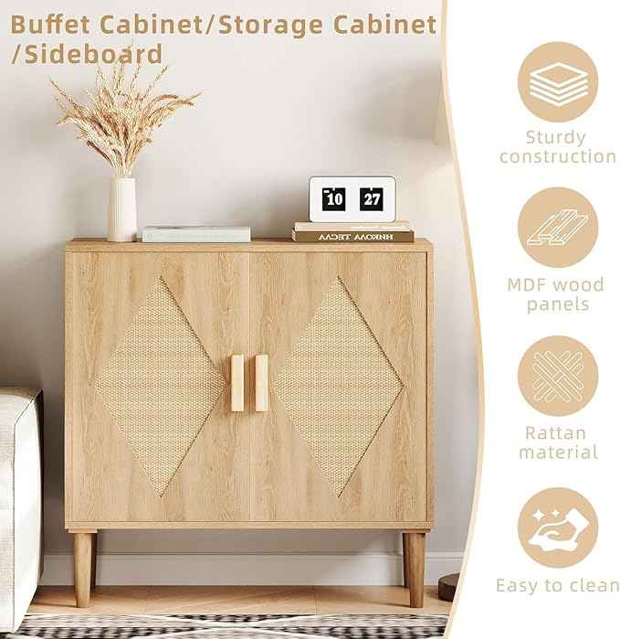Garvee Rattan Accent Cabinet with Storage, Two-Door Sideboard with Woven Decor, Storage Buffet for Living Room, Dining Room, Entryway, Kitchen Organization