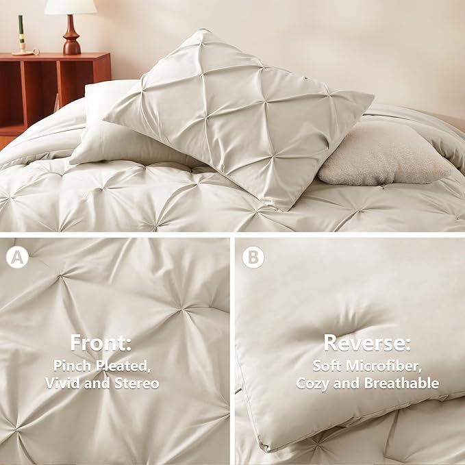 CozyLux Twin Comforter Set with Sheets Beige, 5 Pieces Pintuck Bed in A Bag, Twin Bed Set Gift for Family, Pinch Pleat Bedding Set with Comforter, Sheets, Pillowcase & Sham
