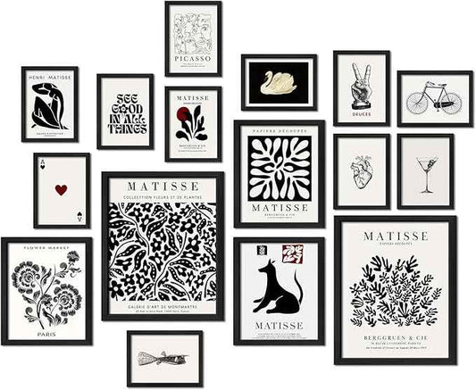 16 PCS Framed Black and White Wall Art Decor, Matisse Abstract Wall Prints for Bedroom, Gallery Wall Frame Set, Minimalist Posters for Living Room Aesthetic, Collage Kit, Dorm Home Artwork