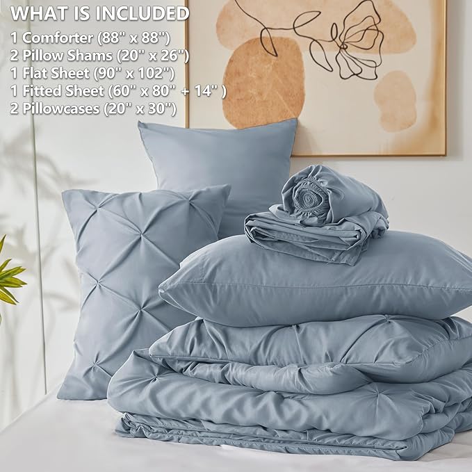 CozyLux Queen Comforter Set Grayish Blue, 7 Pieces Pintuck Bed in A Bag, Premium Blue Comforter Queen Size, Pinch Pleat Bedding Sets with Comforter, Sheets, Pillowcases & Shams