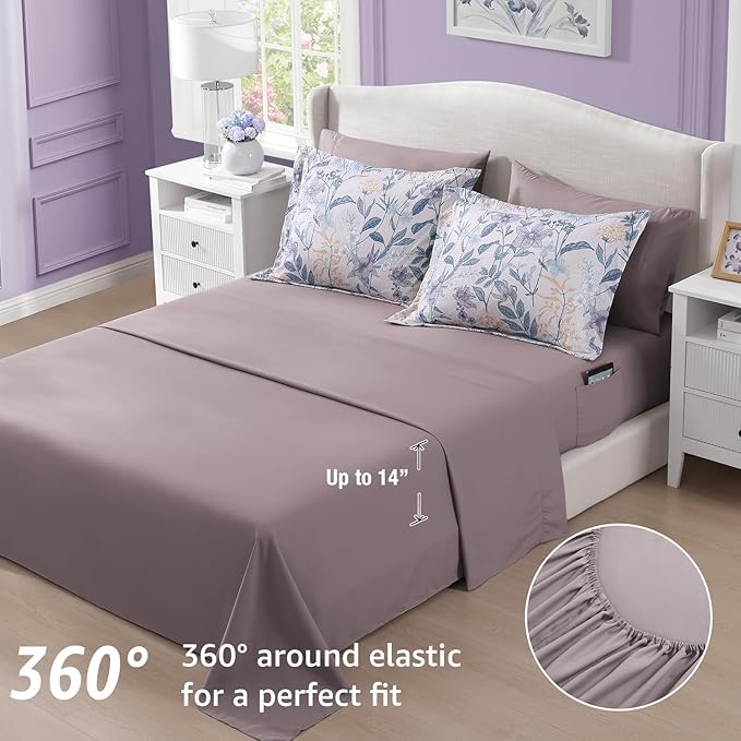 CASAAGUSTO Full Comforter Set, 7 PCS Purple Iris Floral Comforter Set with Flowers Leaves Pattern, Soft Seersucker Design All Season Full Size Bedding Set(80"X90")