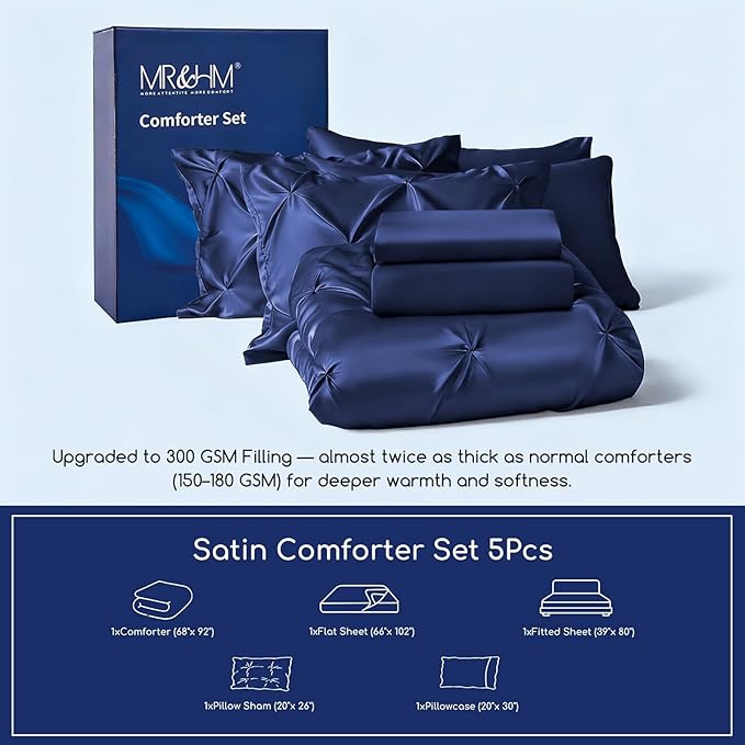 MR&HM Satin Comforter Twin XL 5 Pieces - Luxurious Pinch Pleat Bedding Set with Comforter, Flat Sheet, Fitted Sheet, Pillowcase & Sham, Super Silky Soft Bed Set for All Season (Twin XL, Navy Blue)