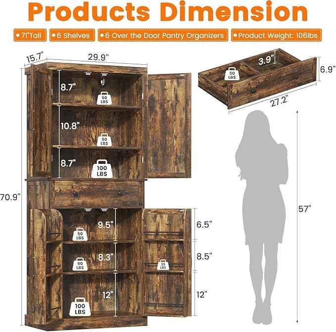 72" Tall Kitchen Pantry Cabinet, Rusty-Brown Pantry Storage Cabinet with Adjustable Shelves, Barn Doors and Drawer Farmhouse Cupboard for Kitchen, Dining Room, Bathroom (16" D x 30" W x 72" H)